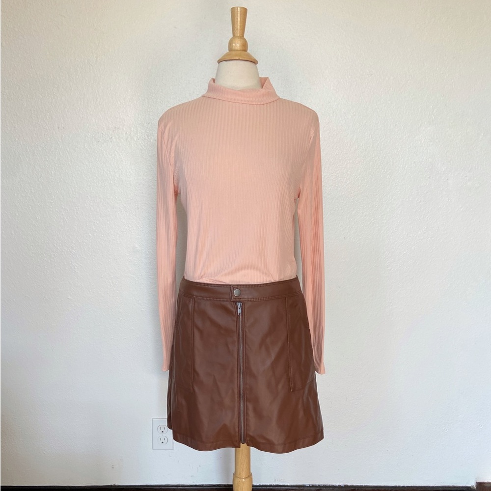 Brown Faux Leather Zip Front Fleece Lined Skirt